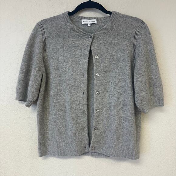 White + Warren Sweaters - White + Warren Cashmere Short Sleeve Button up Cardigan Light Gray Size Medium